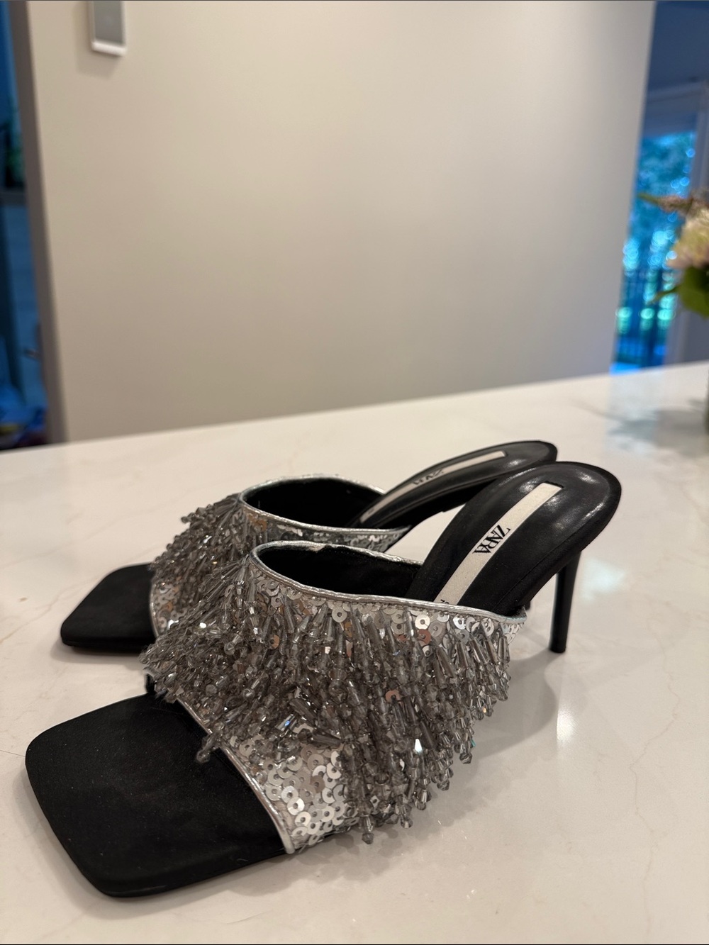 Zara Silver Sequin & Fringe Open-Toe Stiletto Mules